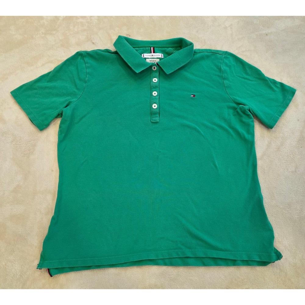 Tommy Hilfiger Womens Polo Shirt Medium Regular Fit Green Short Sleeve Pique